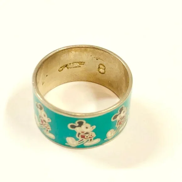 Mickey Mouse Ring Vintage 1970s Metal and Enamel Wide Ring Size 8 - Picture 5 of 10